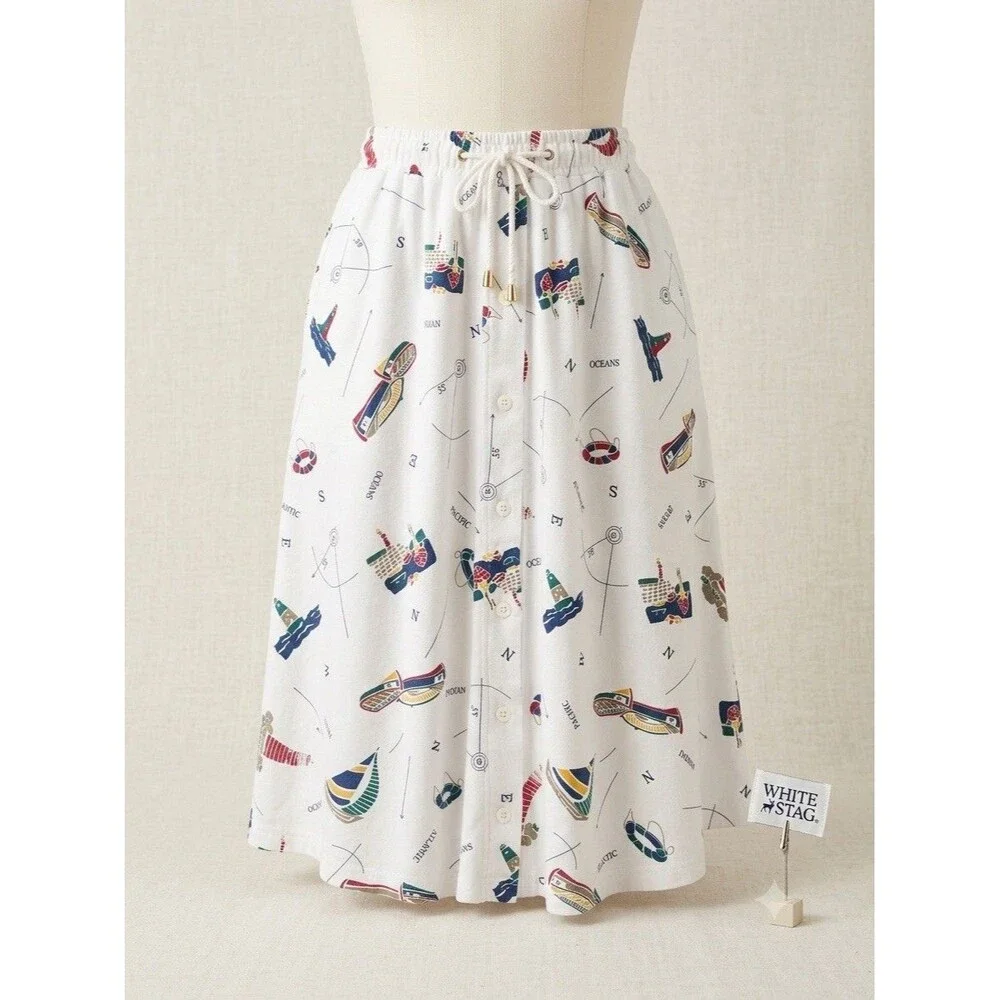 90s White Stag Nautical Midi Skirt Coquette Coastal Grandma Medium Novelty VTG